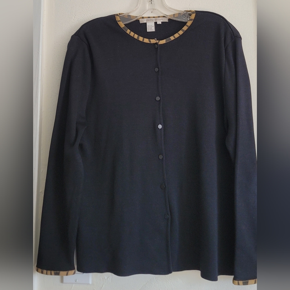 Compositions True Black Silk Knit Long Sleeve Leopard Trim Cardigan Size Large